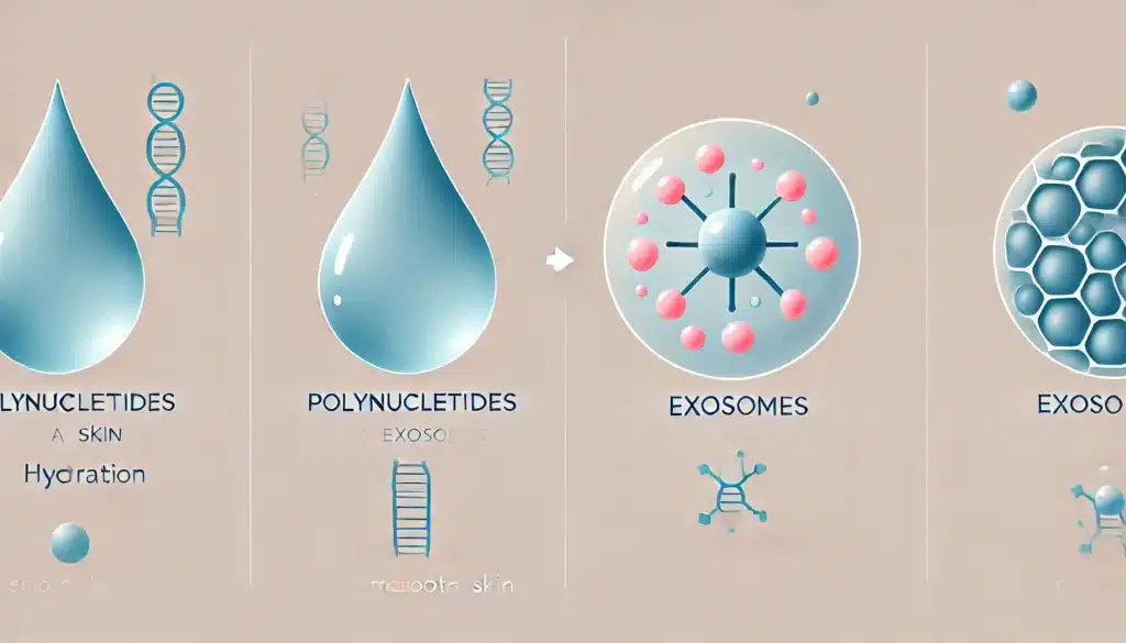 the difference between polynucleotides and exosomes in aesthetic treatments. On the left, show a water droplet symbolizing