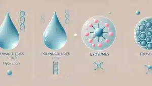 the difference between polynucleotides and exosomes in aesthetic treatments. On the left, show a water droplet symbolizing