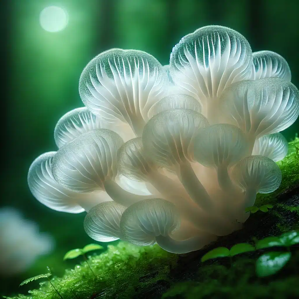 close-up image of snow mushrooms (Tremella fuciformis) in a natural setting, highlighting their unique, translucent, and jelly-like appearance.